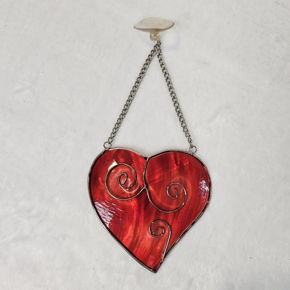 Red Heart Shell Window Hanger Metal Swirl Vintage Stained Glass Style Valentines